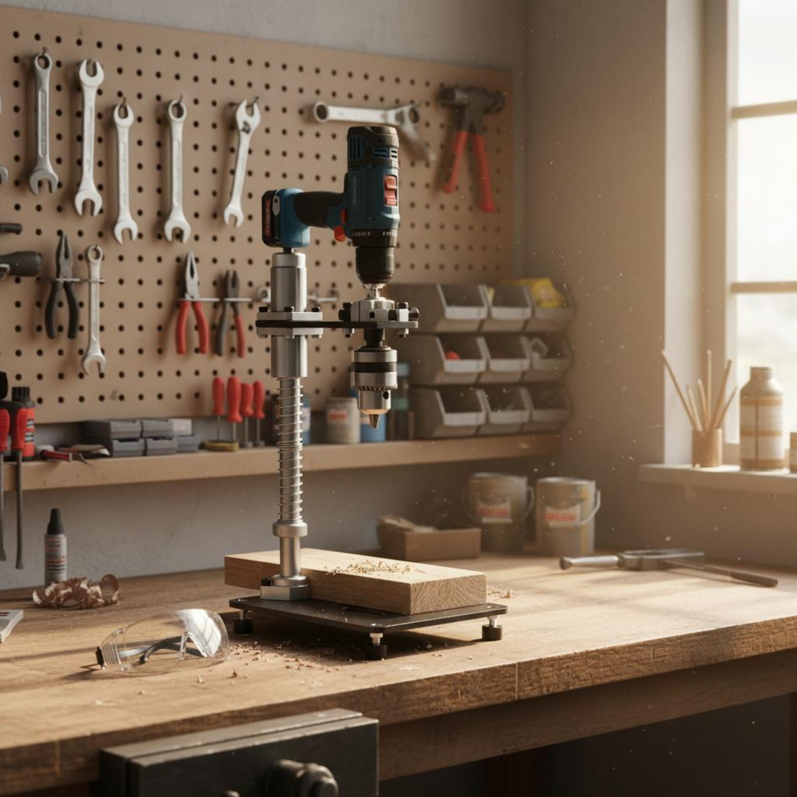 Power Tools Guide - ハンドドリルプレススタンド 安定したクランプ式垂直穴あけガイド ポータブルドリルプレス 省スペースサイズ 電動工具アクセサリー