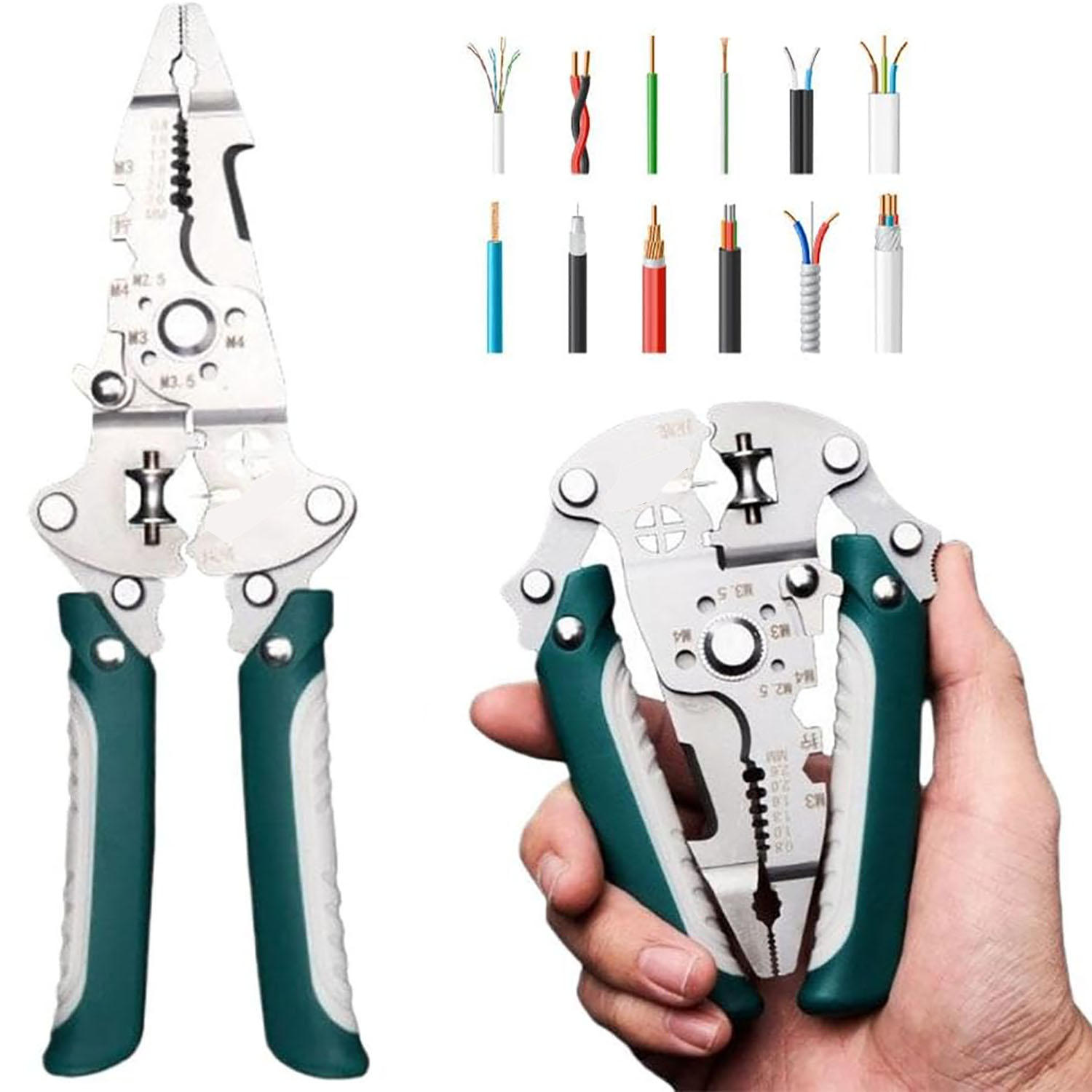 Power Tools America - 18 in 1 折りたたみ式ワイヤーストリッパー多機能プライヤー、クリンパーカッター、シャーリングスクリューグリッピング機能付き、電線用ポータブルツール